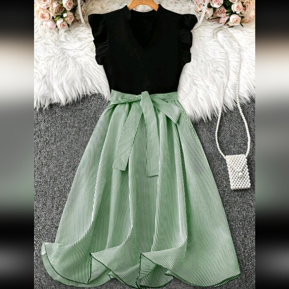 Black Top / Green Striped Midi Dress